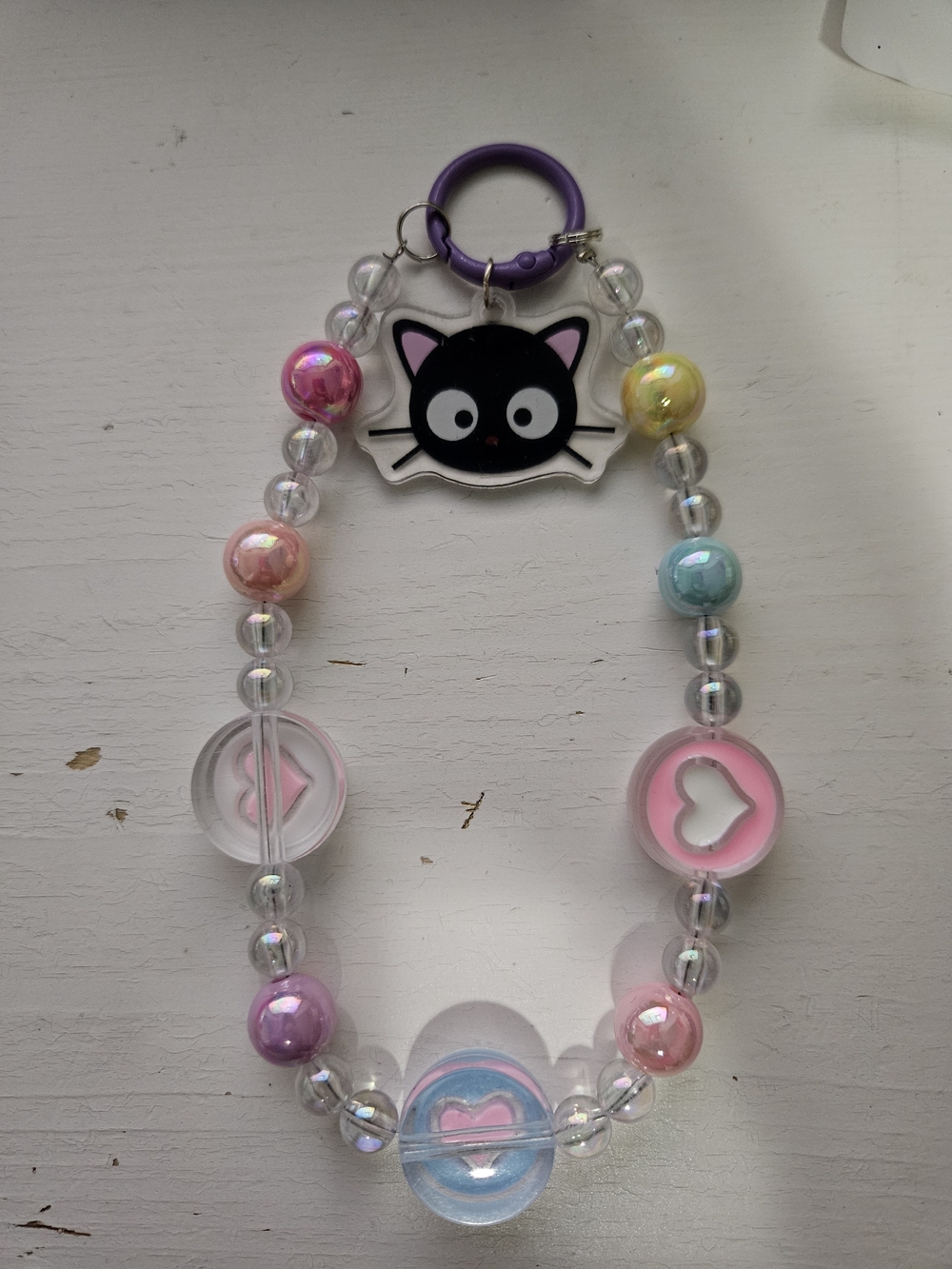 Cute Chococat  Beaded Keychain with Pastel Heart Charms
